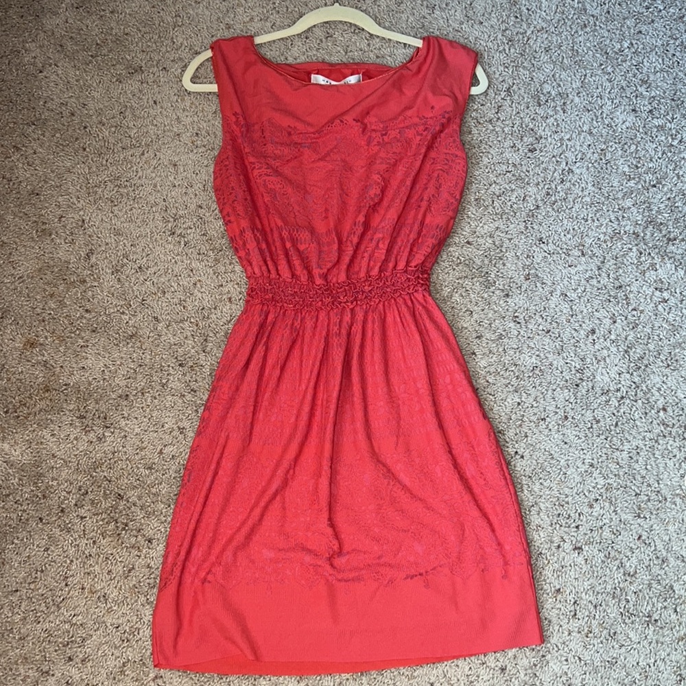 Max studio red elastic ruffled waist lightweight Midi dress (Lined) size medium